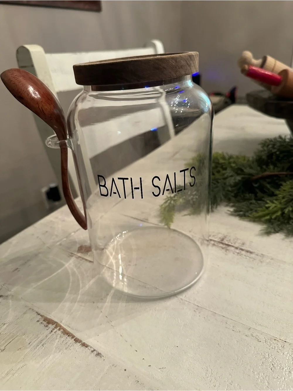 Clear Glass Bath Salts Jar with Wooden Lid and Spoon